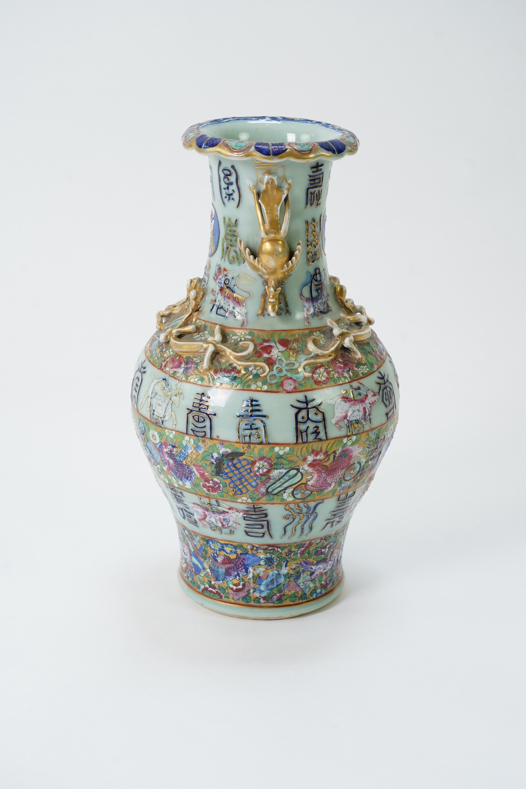 A Chinese celadon ground famille rose ‘Hundred Shou’ vase, 19th century